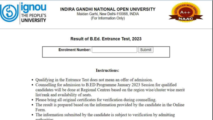 IGNOU B.Ed Entrance Result 2023 declared at ignou.ac.in, direct link here