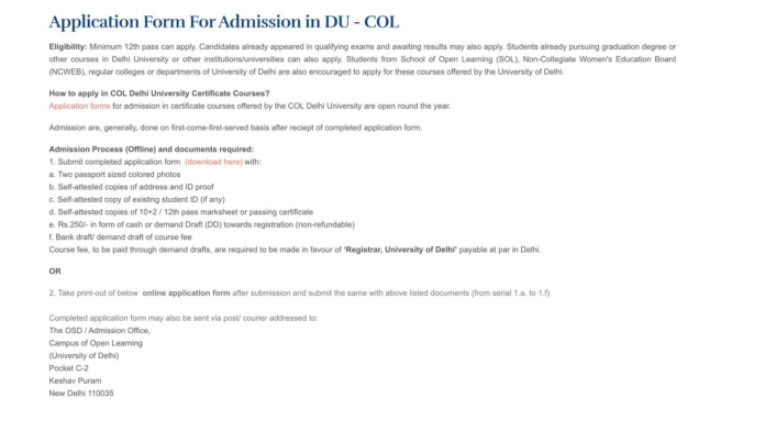 DU Admission 2023: COL begins registration for certificate courses